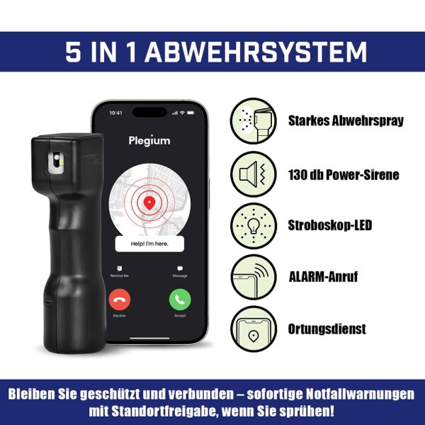 Plegium Smart Pfefferspray mit Ortungsfunktion und Notruf Schwarz