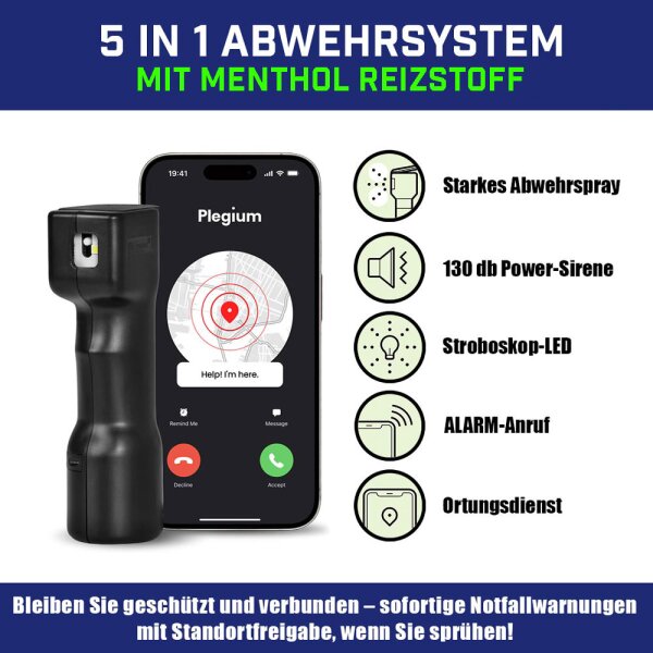 Plegium Smart Menthol Abwehrspray mit Ortungsfunktion und Notruf Schwarz